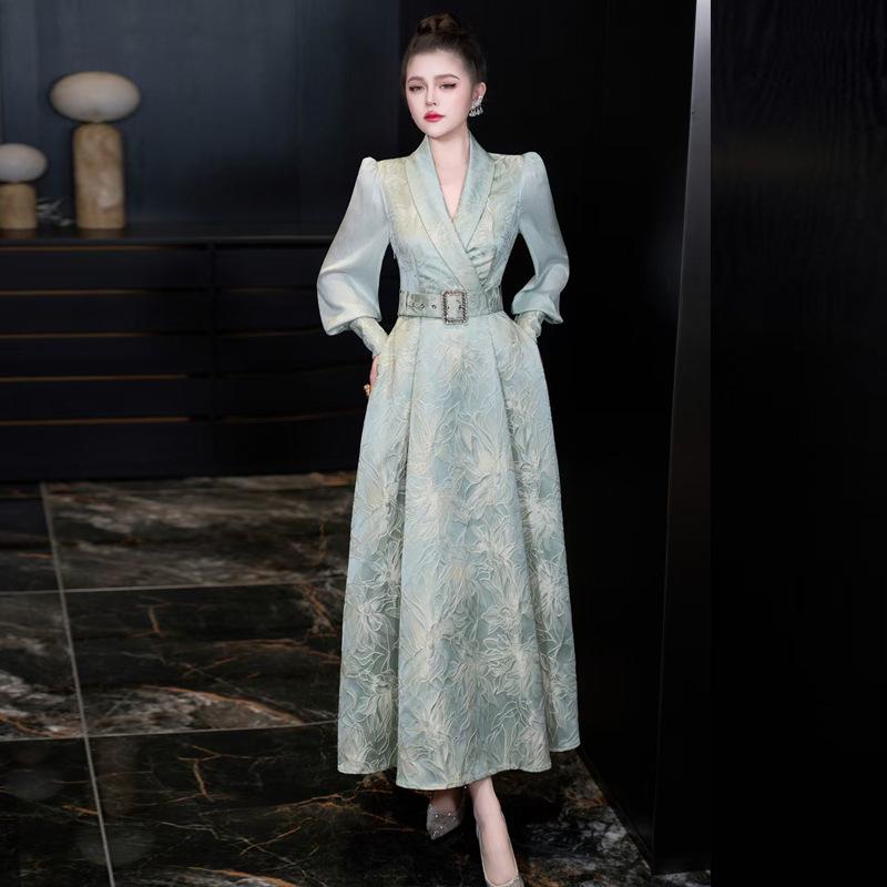 

French 26 Spring/Autumn Women s Floral Jacquard Suit Collar Lantern Sleeve Waist-Cinched Maxi Dress L зелений