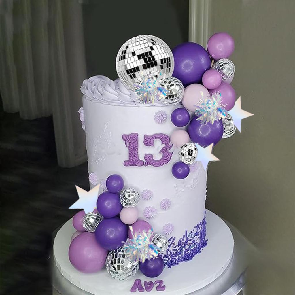 Purple Disco Ball Mirror Balls Cake Decorations with Silver Stars Cake Topper for Disco Dance Party Saturday Night Supplies