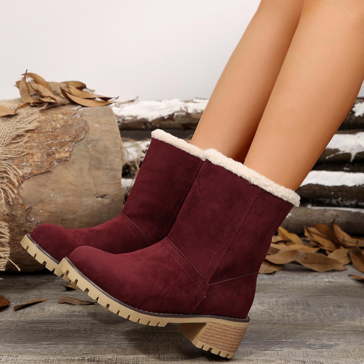 

Мода Осень Зима Мода Новые Повседневные Удобные Плюс Бархат Теплые Квадратный Каблук Круглый Носок Однотонные Женские Ботильоны на Высоком Каблуке 43 вино красного