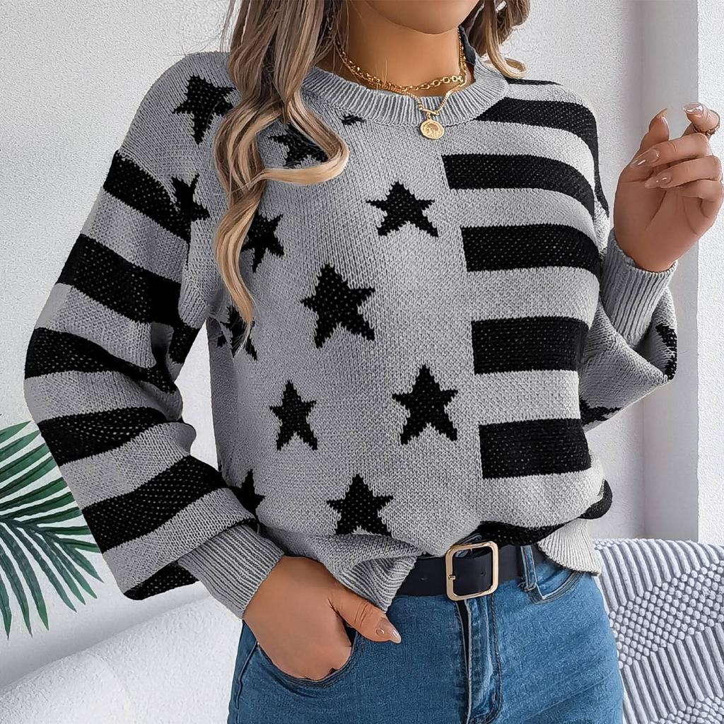 Women's Casual Star Striped  Long Sleeve Pullover Sweater