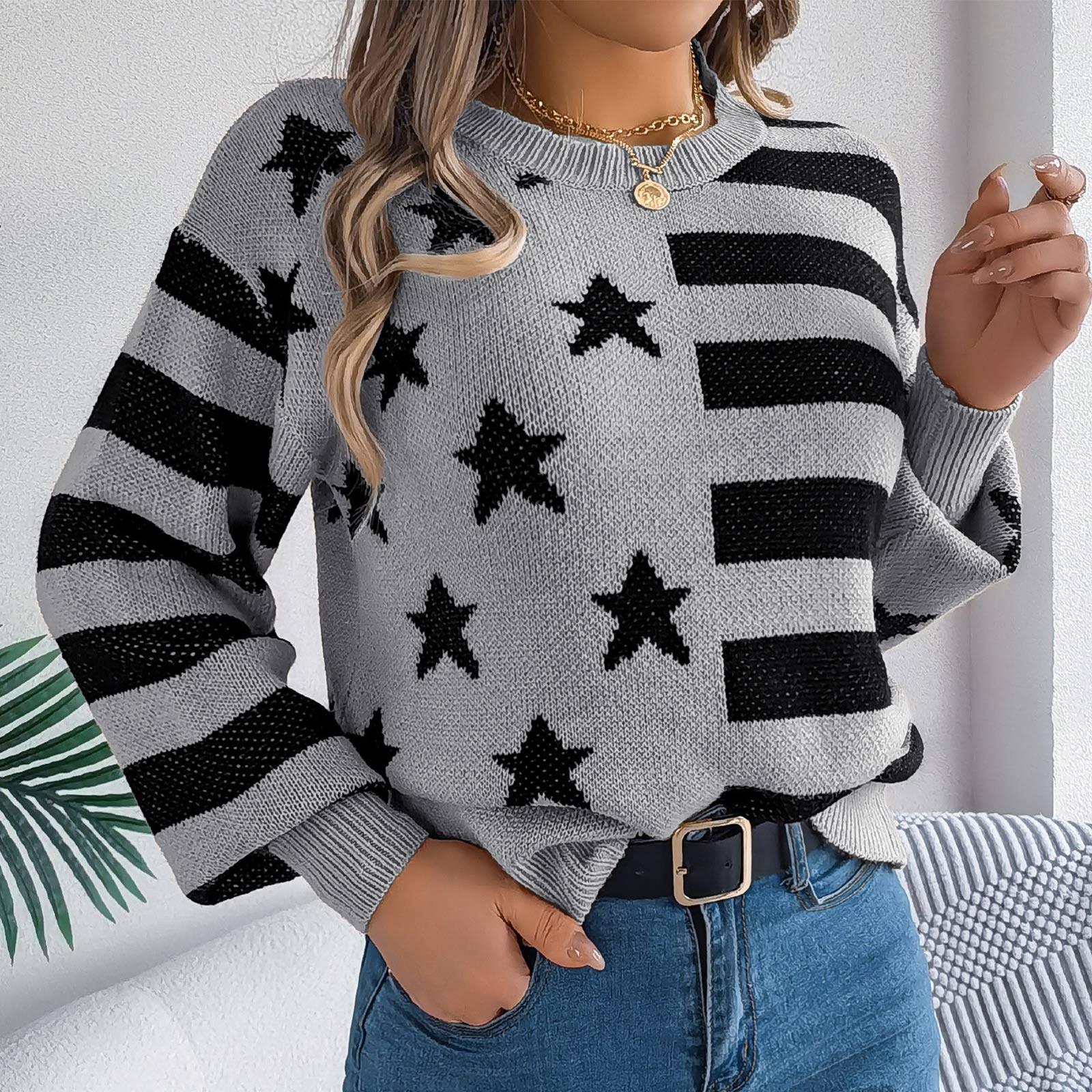 

Женский повседневный пуловер с длинными рукавами в полоску и со звездами S