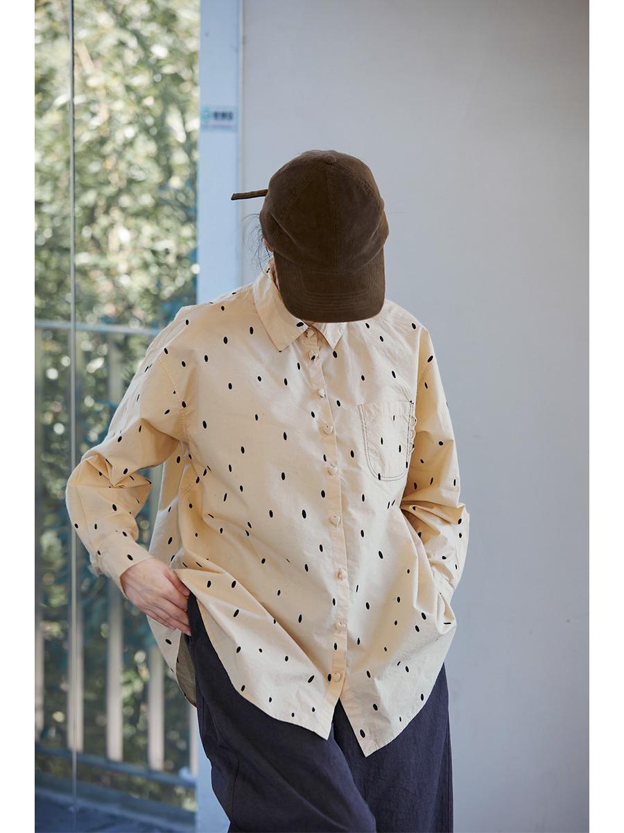 Artistic Retro Women s Black Dots High-Density Cotton Slim-Fit Casual Autumn Shirt Medium