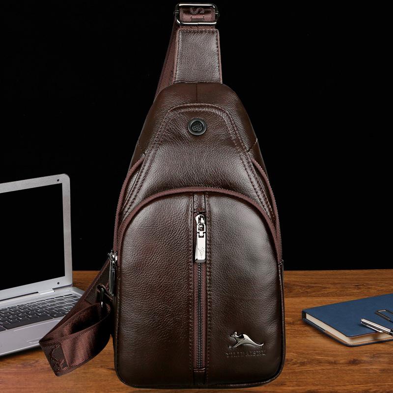 Head Layer Cowhide Men's Chest Soft Leather Crossbody Bag, Genuine Leather Chest Bag, Outdoor Leisure Large Capacity Tablet Shoulder Phone Bag