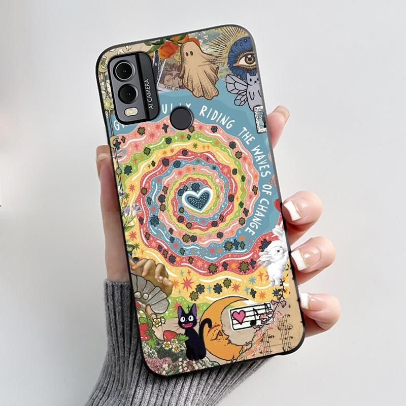 Coque Pour Nokia C22 Étui Pour Nokia C32 Coque de Téléphone Arrière Silicone Souple Noir TPU Esthétique Mignon Chat Astronaute Coque Bumper