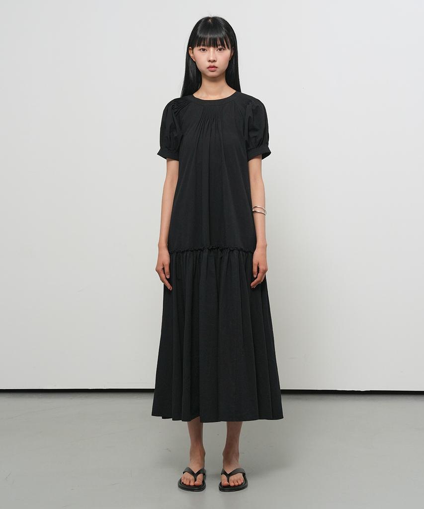 General Idea Puff Sleeve Pintuck Long Dress [Black] / Gf2Lop520