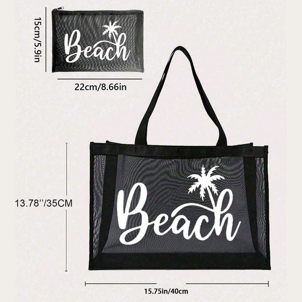 Mesh, Transparent Shopping Bag, Large Capacity, Zipper, Mesh, Single Shoulder, Women's, Beach Bag, Can Print Logo