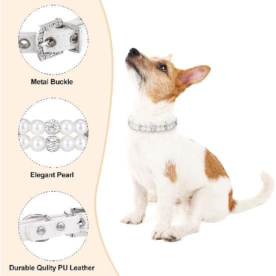 4 Pieces Dog Pearl Collars Pet Pearl Necklace Set Cat Pearl Neck Strap Crystal Rhinestones Pearls Charms for Small Dogs Cats Wedding Birthday Party
