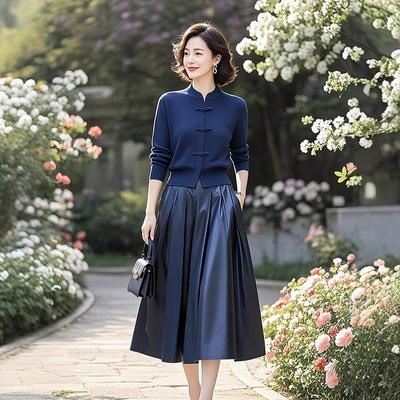 2025 Chinese-Style Two-Piece Set: Knitted Sweater & Midi Skirt for Middle-Aged Women