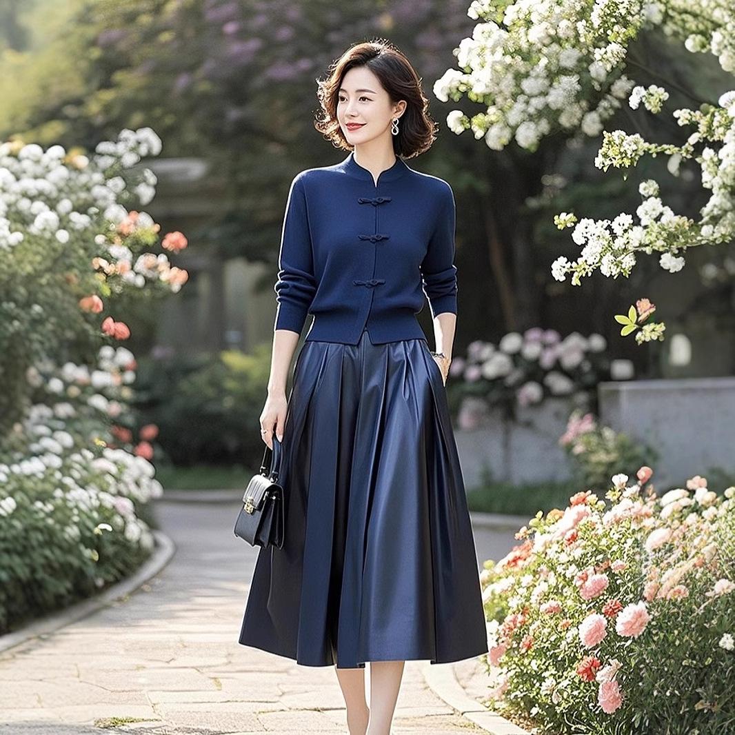 

Комплект-двойка в китайском стиле 2025: Вязаный свитер и миди-юбка для женщин среднего возраста XL