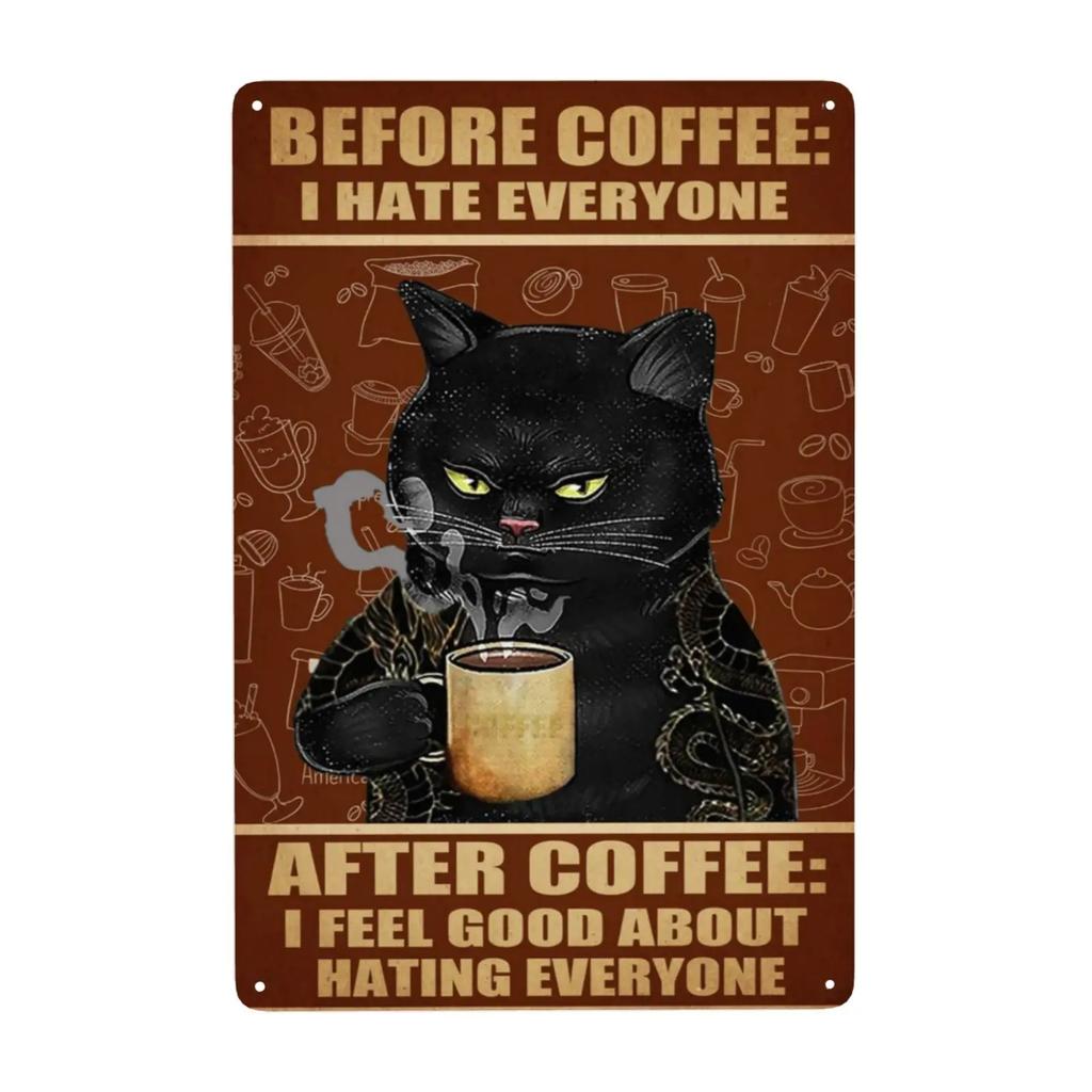 1pc Retro Cat Coffee Metal Sign Vintage A Coffee A Day Keeps The Grumpy Away for Home Coffee Shop Bar Wall Decor 8x12 Inch