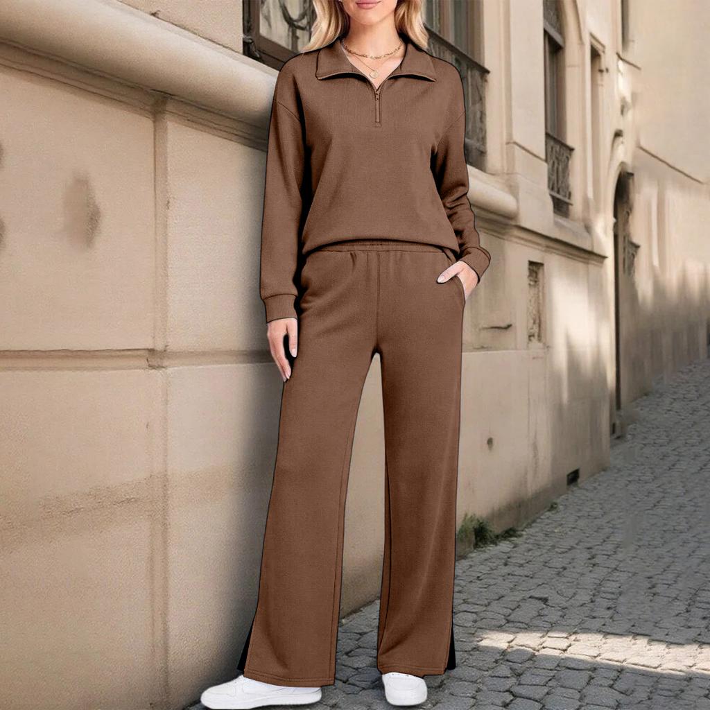 Damen 2-teiliges Freizeit-Outfit-Set mit durchgehendem Reißverschluss, Kragen und langen Ärmeln sowie Hose mit weitem Bein