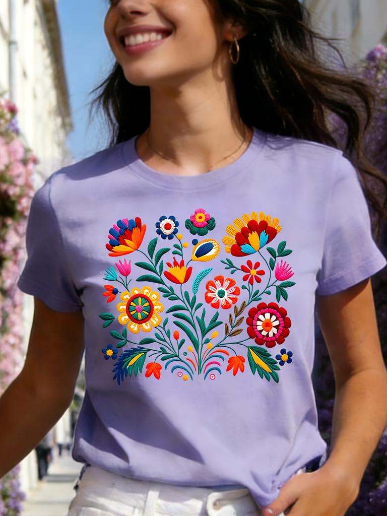 Mexican Embroidery Floral Women's Tee - Vibrant Folk Art Graphic, Casual Black Top