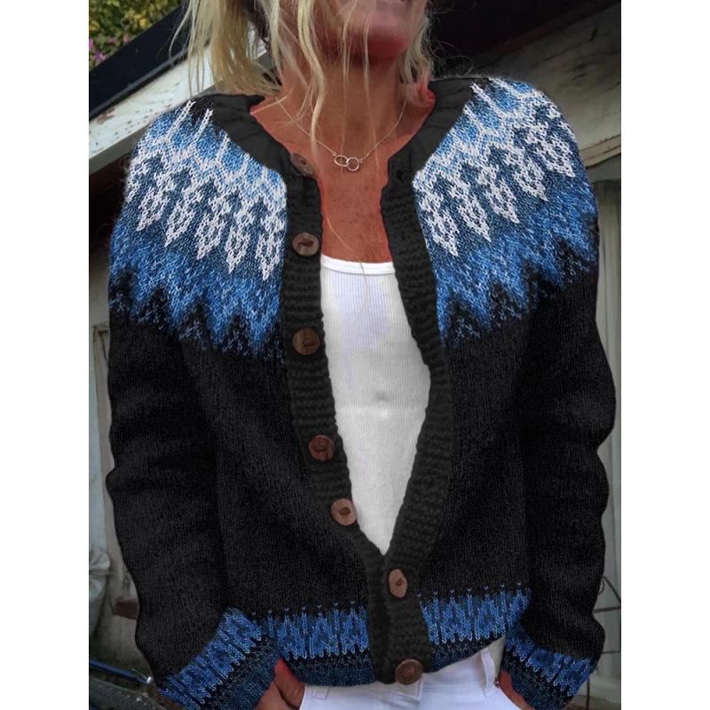 Cardigan Tricot Femme Col Rond Boutonnage Simple Imprimé Floral Manches Longues Vêtement d'Extérieur Décontracté