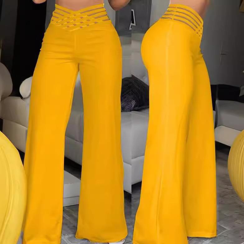 Women s Pants With Hollow-out Belt, Long Pants, Elegant Commuting, Slight Flare , High-waisted, Casual Wide-leg Pants XL жёлтый