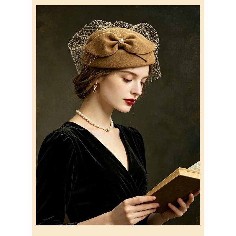 Women S Elegant Bow Mesh Decorative Retro Small Formal Hat For Winter Autumn