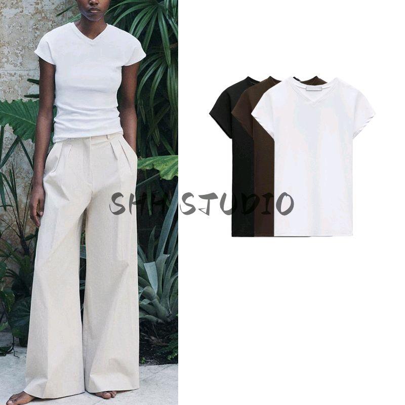 Spring New Women's Clothing French Style Casual Multi-Color Cotton Blend V Neck Silm Straight-leg T-shirt 5644170