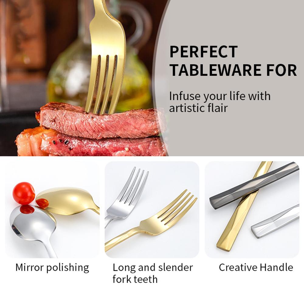 4-teiliges Besteckset aus silberfarbenem Edelstahl: Steakmesser und -gabel, Dessertlöffel und Teelöffel – ideal für Zuhause und die Gastronomie.