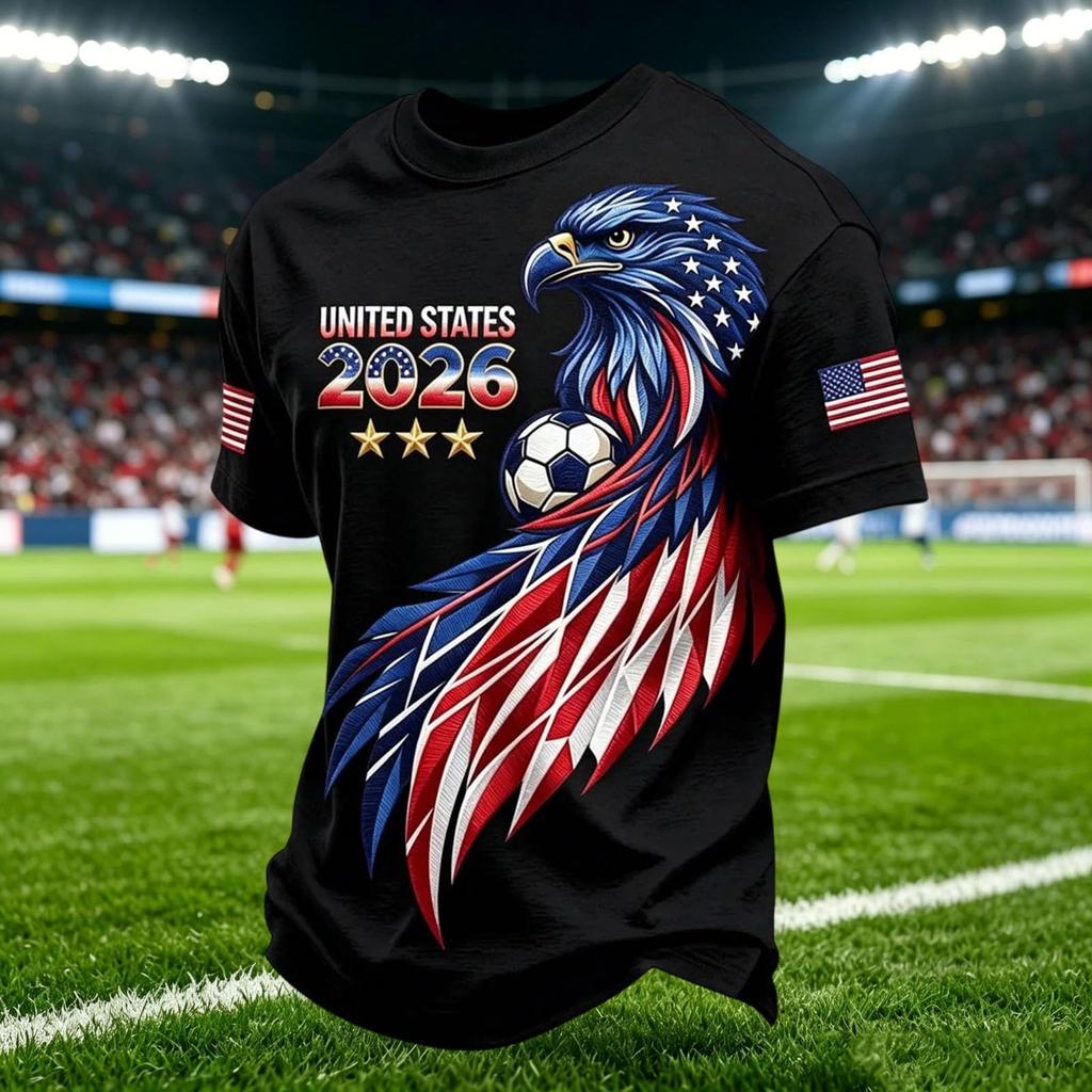 Men's Casual V Neck Breathable Short Sleeve Shirt Soccer Graphic Print Lightweight Comfortable Fit USA Theme