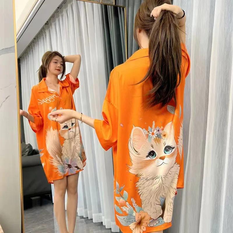 Women's Short Sleeve Ice Silk Sleep Dress Nightgown Plus Size 4XL Pajamas Shirt Sundress Loose Home Clothes