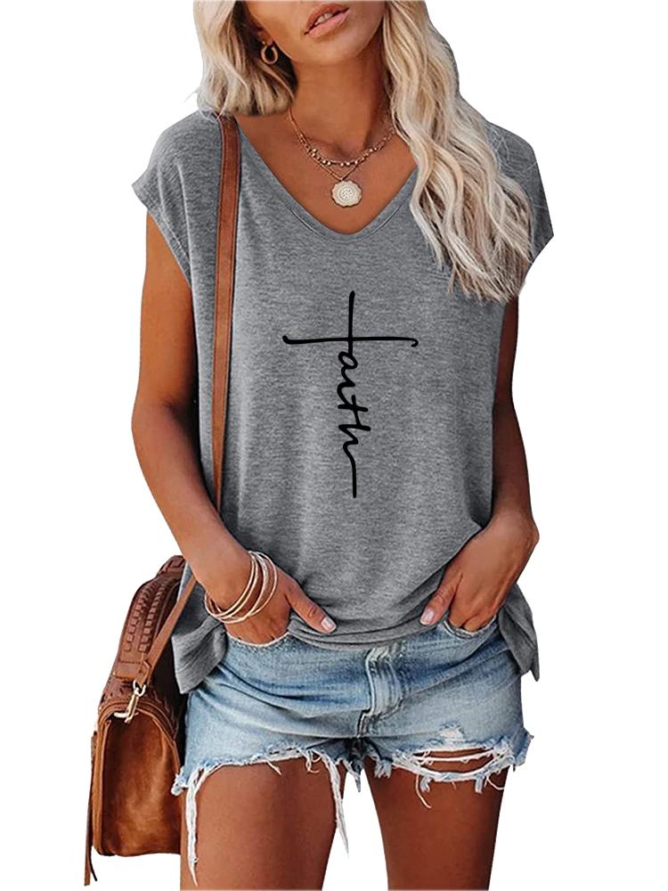 Women Print T-shirt Summer Fashion V Neck Short Sleeve Top Ladies Casual Tee Shirt