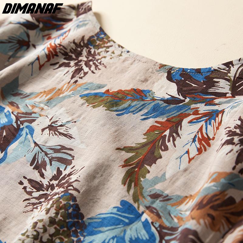 DIMANAF Plus Size Sommerkleid Strand Leinen Blumenmuster Casual Damen Vintage Groß 2022 Neues Kleid O-Ausschnitt Sommerkleid