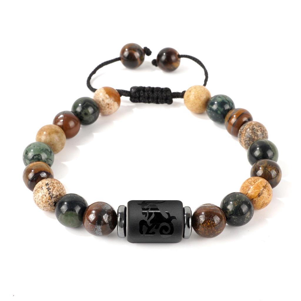 Vintage Zodiac Bracelet for Men 8mm Natural Black Onyx Tiger Eye Stone Star Sign Constellation Friendship Prayer Blessing Bracelet Gifts