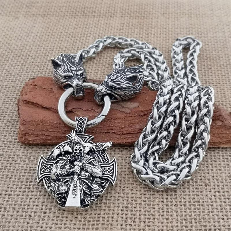 Nordic Viking Thor Hammer Pendant Wolf Head Necklace Domineering Necklace Men's Norwegian Jewelry