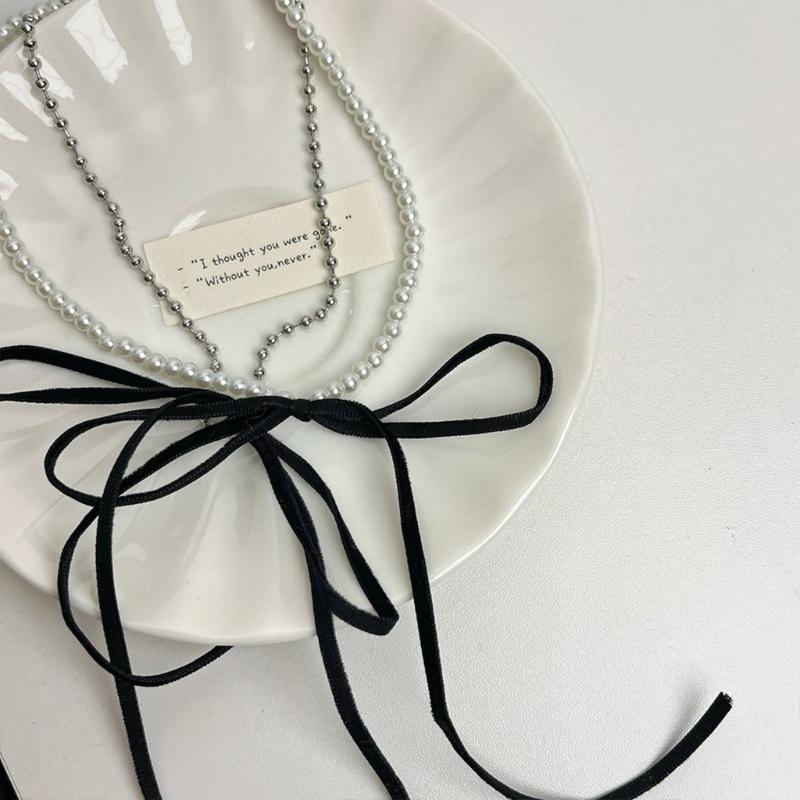 Vintage Bowknot Necklace Elegant Pearl Beaded Double Layer Choker Y2K Aesthetic Clavicle Chain Fashion Summer Neck Chain