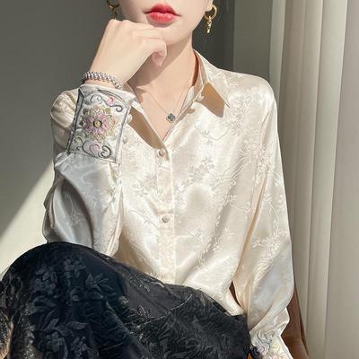 Women's Jacquard Satin Tang Suit: Long Sleeve Mulberry Silk Top for Autumn/Winter