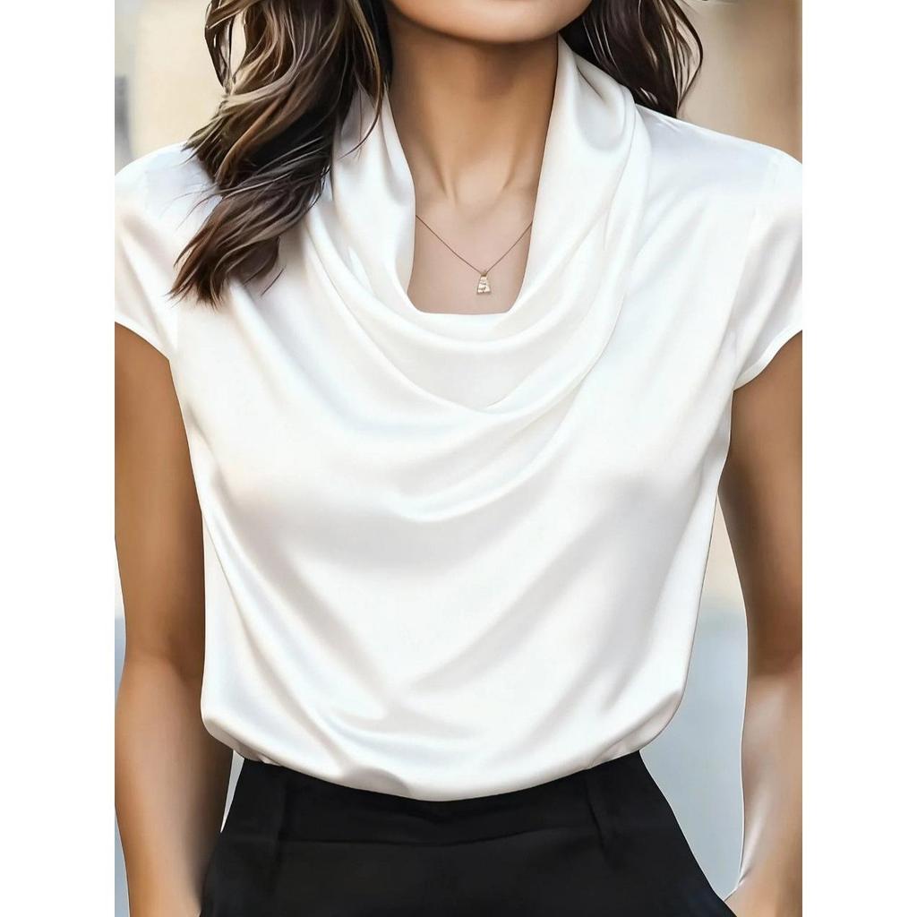 Camicia Satinata Primavera/Estate a Manica Corta con Collo a Volant e Design Elegante Drappeggiato