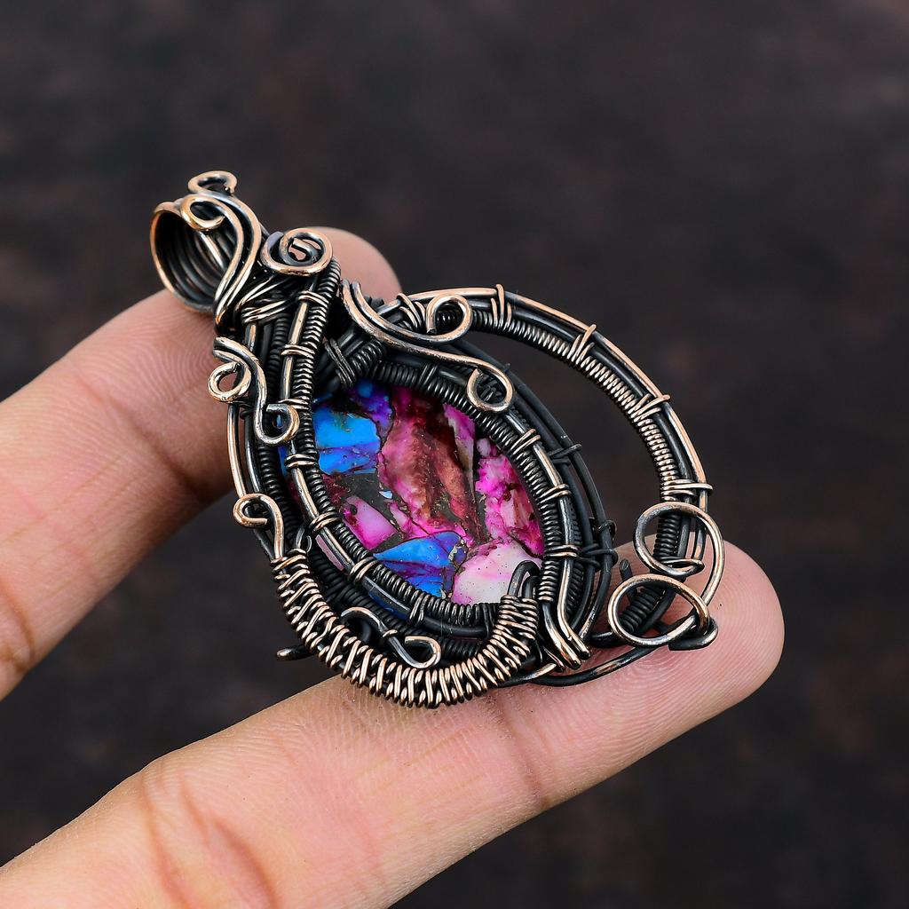 Natural Kingman Pink Dahlia Turquoise Pendant Copper Wire Wrapped Pendant Gemstone Copper Jewelry Engagement Gift Handmade Brand New Pendant