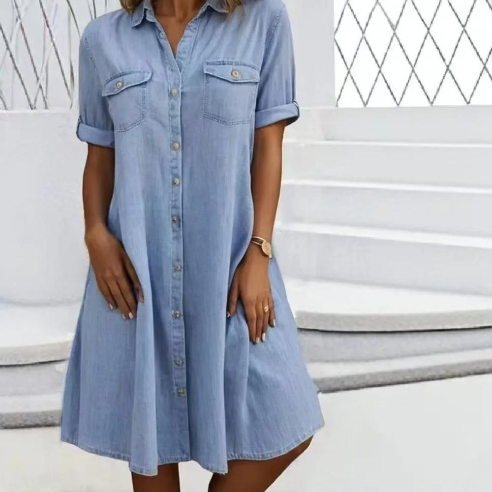 Summer Single Breasted Denim Shirt Dress Women Casual Loose Pocket Simple Retro Commuter Female Office Denim Midi Dress