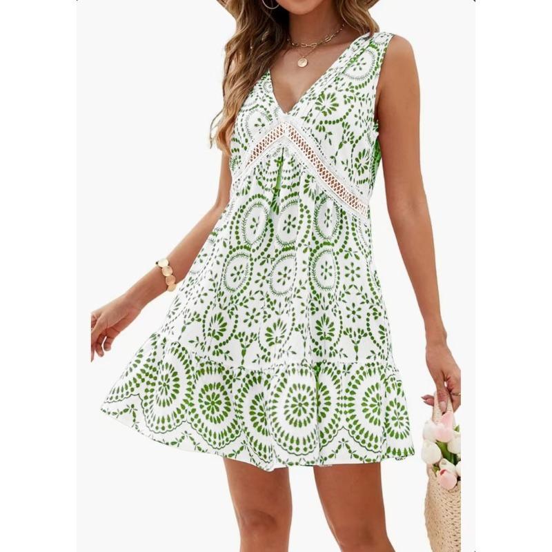 Floral Print Dress Women Summer with Hollowed Out Lace V-neck Sleeveless Dress