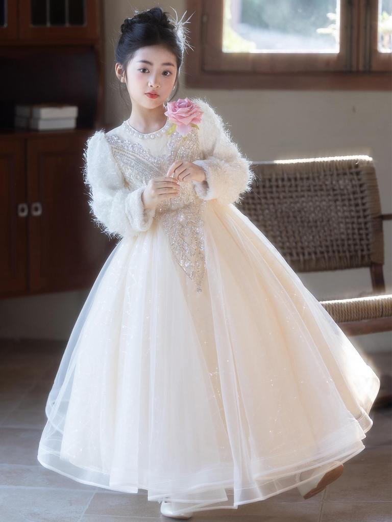 Girls' Luxury Formal Autumn/Winter Princess Dress - High-End Flower Girl Dress for Birthdays, Weddings, and Special Occasions.
