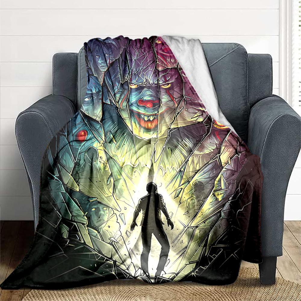 1pc It "Clown" Flannel Throw Blanket - HD Printed Lightweight Soft Warm All-Season Blanket for Sofa, Bed, Travel, Camping001