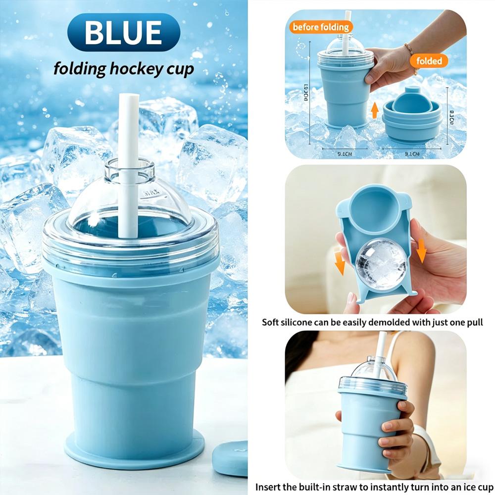 Foldable Silicone Ice Cup with Straw, Creative Ice Ball Maker Mold for Outdoor & Travel Use