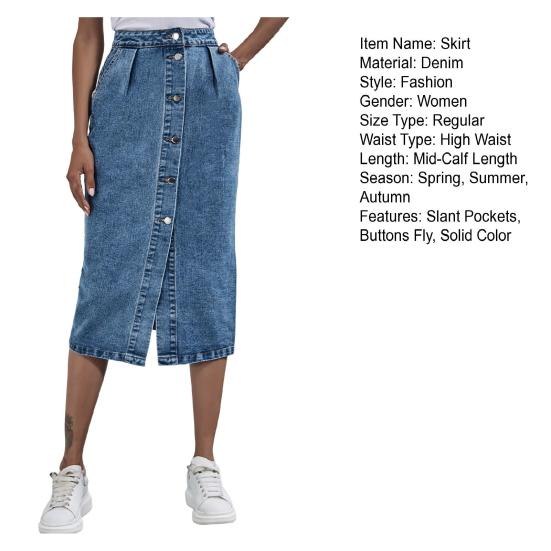 Spódnica ołówkowa z zakładką na biodrach, zapinana na jeden guzik, z ukośnymi kieszeniami, rozcięciem z przodu, modna, z wysokim stanem