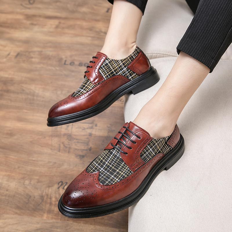 Men's Shoes Brock British Style Leather Shoes Business Casual Shoes Fashion Retro Color Matching Engraved Pointed Leather Shoes Men