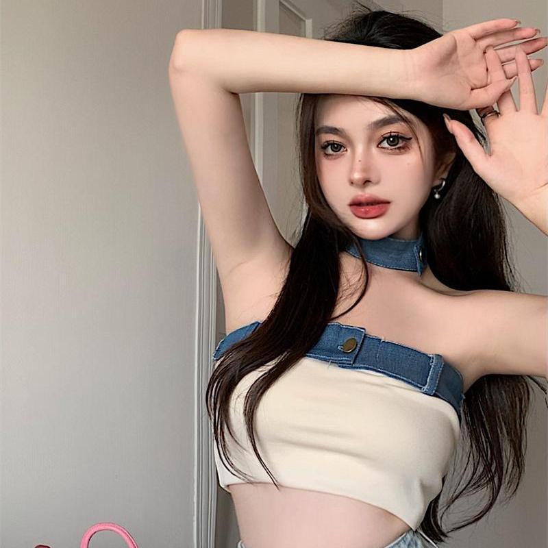 Spicy Girl Patchwork Strapless Denim Crop Top - Sexy, Slim-Fit, One-Shoulder Camisole