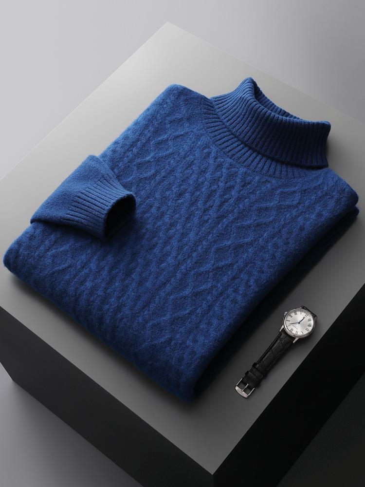 Men's High Neck 100% Wool Sweater - Thick, Cozy Knit for Casual or Business Wear