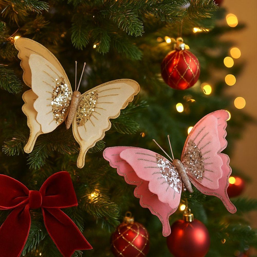 Velvet Butterfly Christmas Decor Simulation Flocking Christmas Butterfly Ornament Artificial 3D Glitter