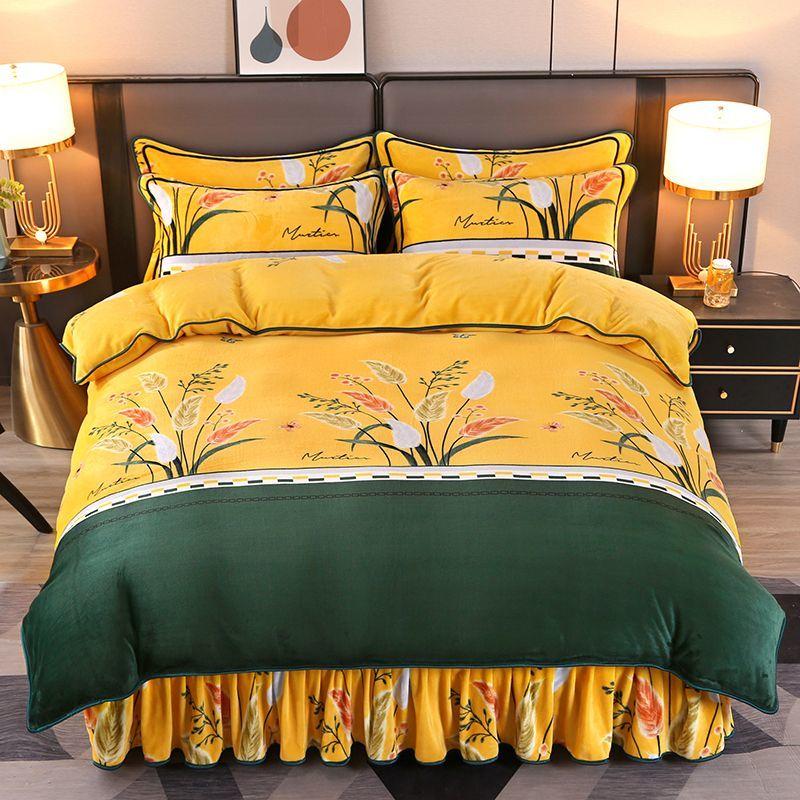 Winter thickened milk velvet four-piece set warm coral velvet double-sided velvet quilt cover bed sheet plus velvet bed skirt bedding