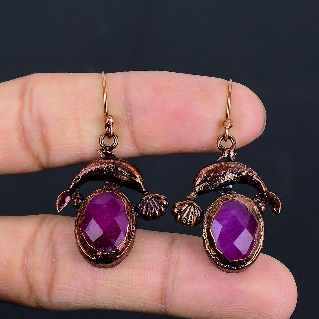 Faceted Ruby Earrings, Copper Electroformed Jewelry, Gemstone Earrings Gift For Her Handmade Dainty Jewelry