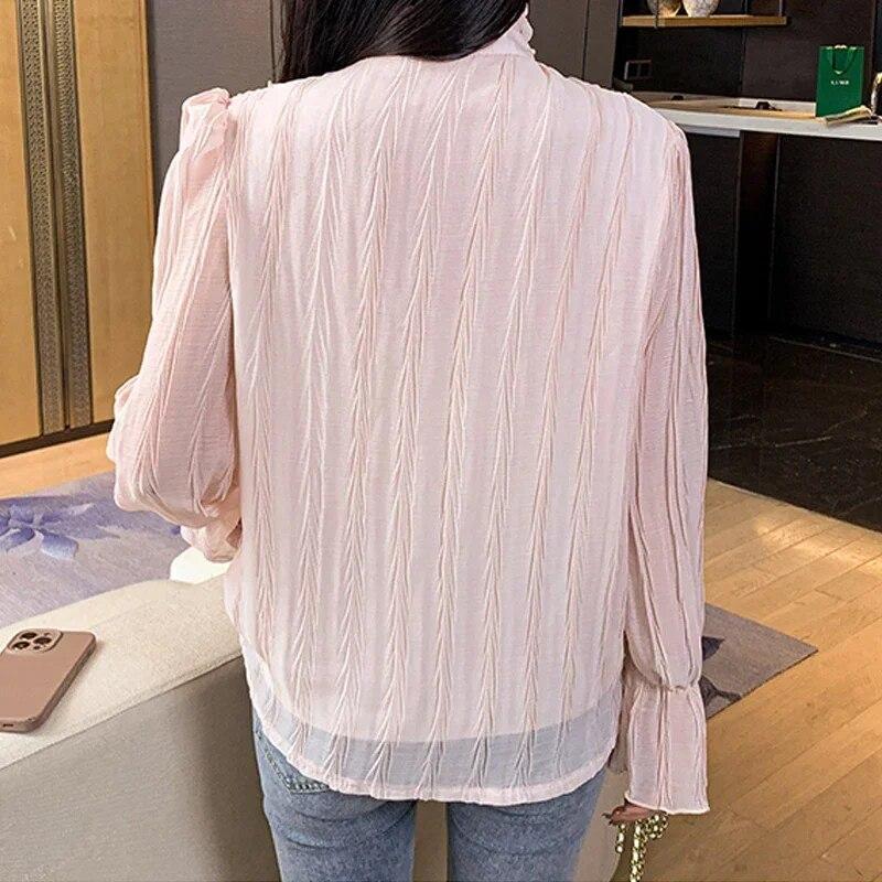 2023 Pleated Blusas Simple Ruffles Lace Shirt  Flare Long Sleeve Ruffled Stand Collar Blouse Women Fashion Elegant Tops 30049