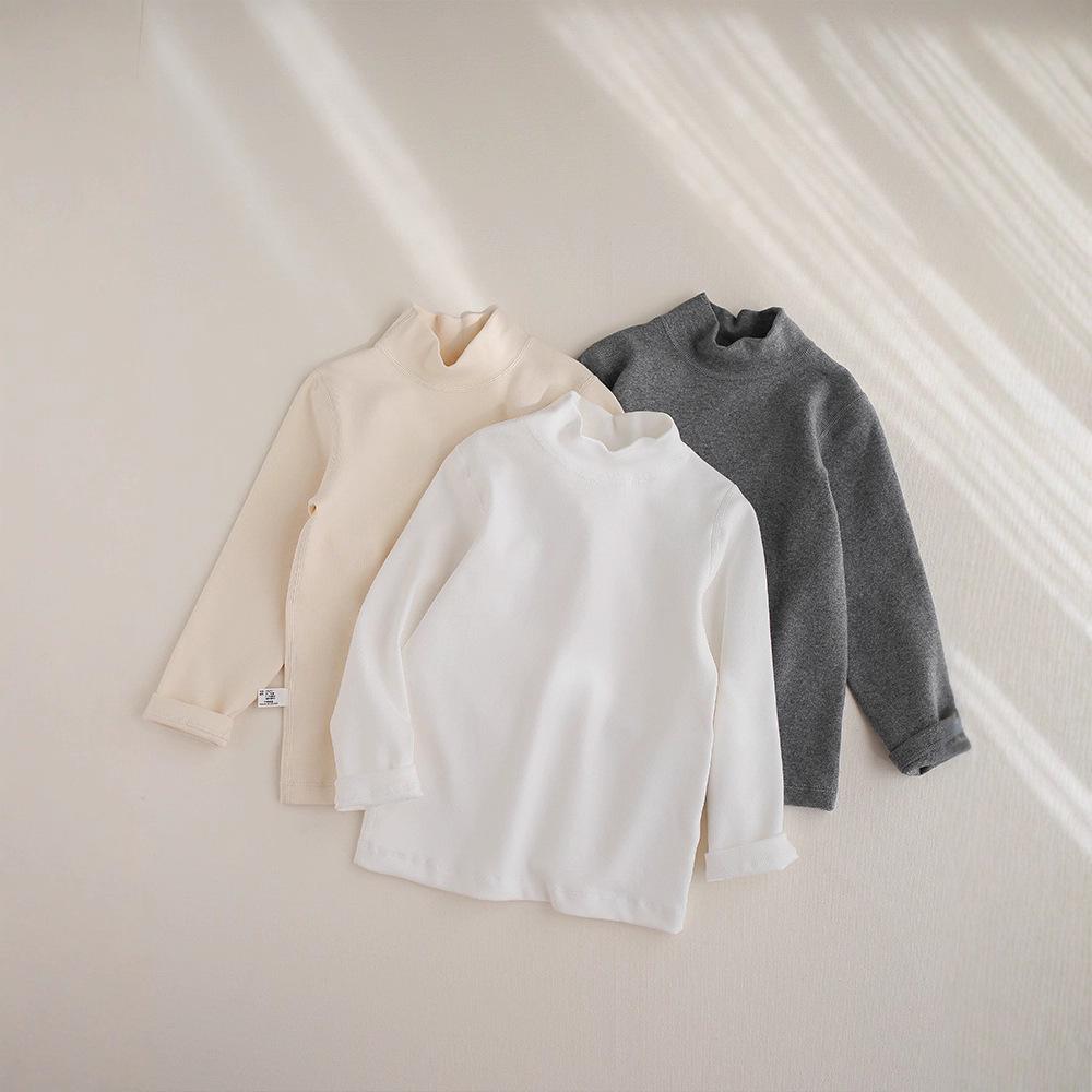 Kids' 320g Pure Cotton Mid-Neck Stretchy Base Layer Shirt - Solid Color for Boys & Girls