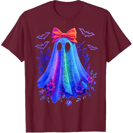 Cute Boo Halloween Ghost Bow Flower Neon Ghost Halloween T-Shirt
