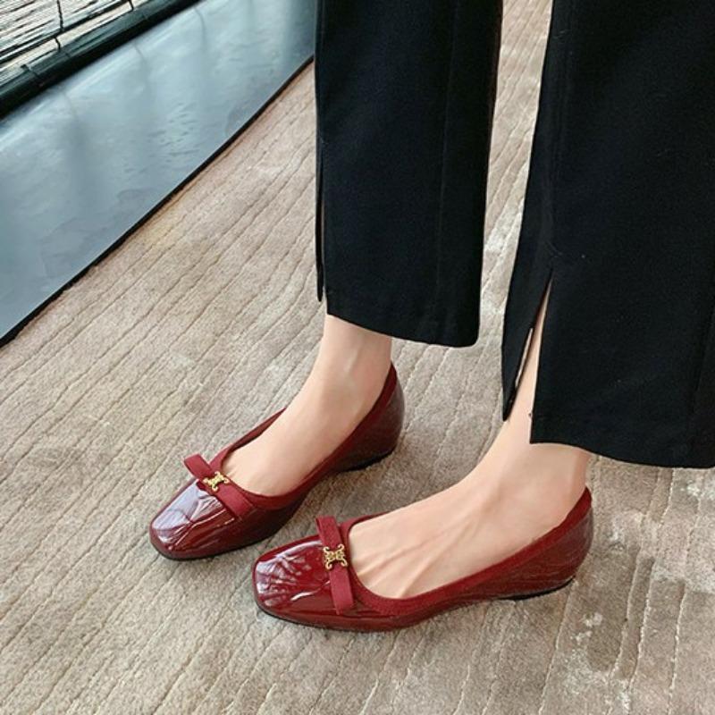 Autumn and Winter New Inner Height Increase 3 Noble Gold Buckle Bow Square Round Head Thick Sole Shallow Mouth Single Shoe Women