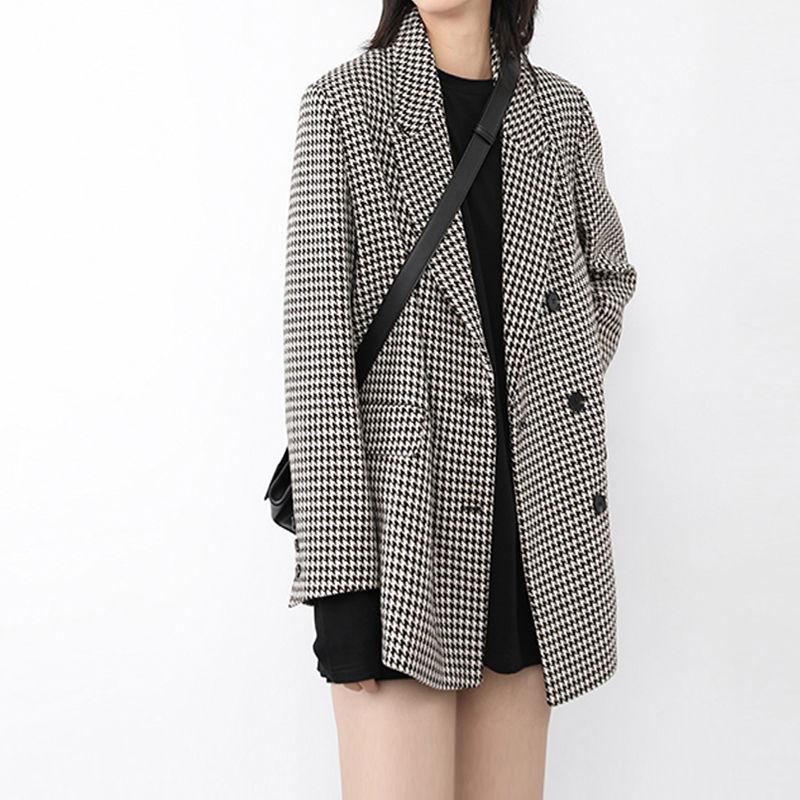 

Модное весенне-осеннее пальто, женские офисные пиджаки с узором «гусиные лапки», однобортные пиджаки в клетку с карманами, официальные куртки, верхняя одежда, топы, костюм