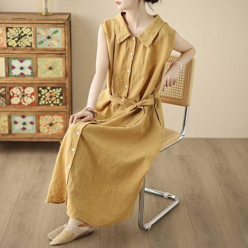 Green Sleeveless Shirt Dress Women's Summer New Design Sense Loose and Thin Lace-up Temperament Long Skirt