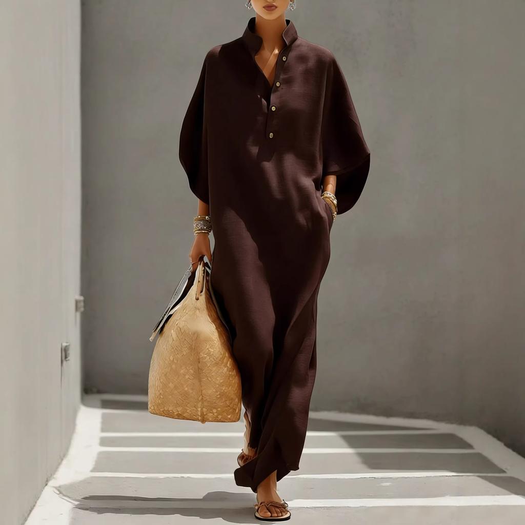 Spring and Summer Eurasia Fashion Women's Dress Loose Stand Neck Button Medium Sleeve Long Vacation Style Shirt Skirt